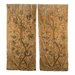 Two Tree of Life Pattern Crewelwork Curtain Panels