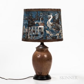 Glazed Redware Jar Mounted as a Lamp with Shade Made from a Wallpaper Box