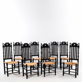 Assembled Set of Eight Bench-made Black-painted Heart and Crown Bannister-back Side Chairs