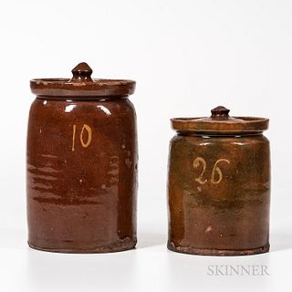Two Glazed and Covered Redware Jars Numbered in Yellow Slip