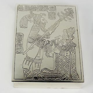 Mexican Sterling Silver Box. Engraved Aztec Motif.