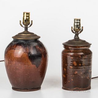Two Redware Jars Mounted as Lamps