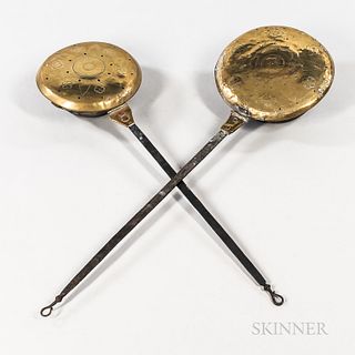 Two Early Engraved Brass and Wrought Iron Bedwarmers