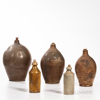Three Stoneware Jugs and Two Stoneware Beer Bottles