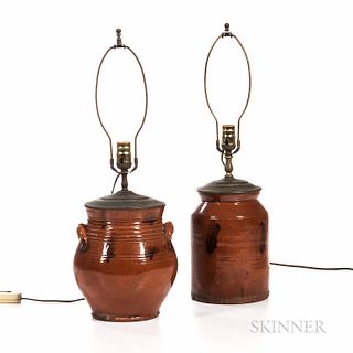 Two Manganese-decorated Redware Jars Mounted as Lamps