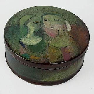 Polia Pillin, American (b. 1905) Round pottery lidded box decorated with 2 women