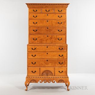Queen Anne-style Dunlap School-type Carved Tiger Maple Chest-on-chest on Frame