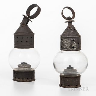 Two Similar Small Tin and Glass Hanging Oil Lanterns