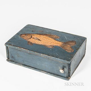 Blue-painted and Carved Fish-decorated Slide-lid Box