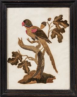 Needlework Picture of a Parrot Perched on an Oak Branch