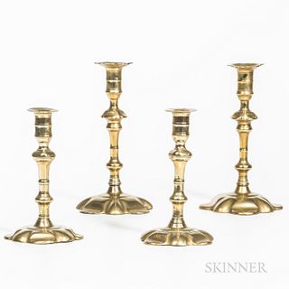 Two Pairs of Brass Queen Anne Petal-base Candlesticks