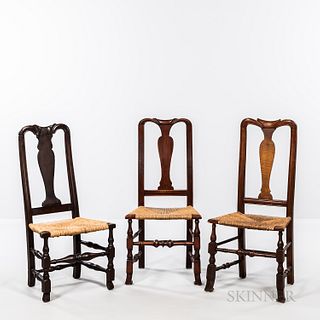 Three Queen Anne Maple Carved Vase-back Spanish-foot Side Chairs