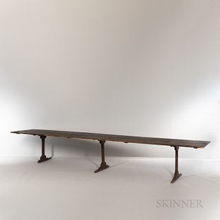 Large Red-painted Cherry and Pine Trestle-foot Dining Hall Table