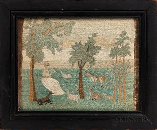Needlework Picture of a Girl and Sheep