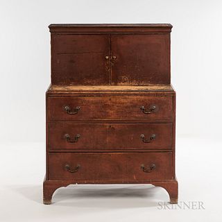 Red-painted Cherry and Pine Cabinet over Drawers