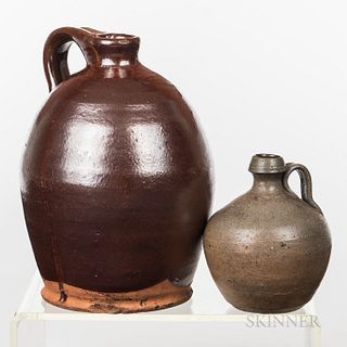 Small Stoneware Bottle and Maine Redware Jug
