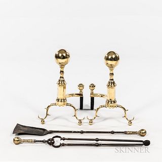 Pair of Brass and Iron Ball-top Andirons with Matching Tools