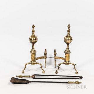 Pair of Brass and Iron Ball-top Andirons and Matching Tools