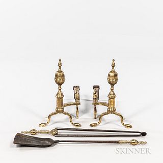 Pair of Brass and Iron Acorn-top Andirons and Matching Tools