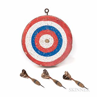 Miniature Red-, White-, and Blue-painted Dart Board and Three Wooden Darts