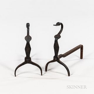 Pair of Wrought Iron Duck Finial Andirons
