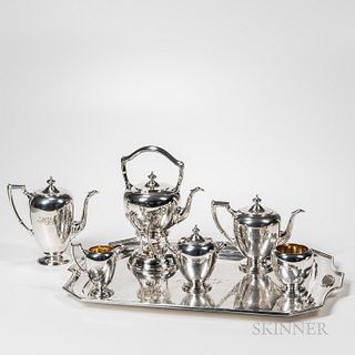 Six-piece Dominick & Haff Sterling Silver Tea Service with Plated Tray
