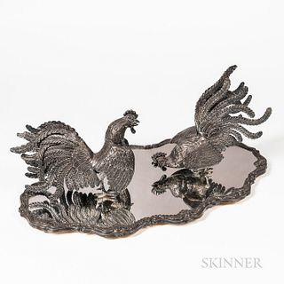 Pair of Sterling Silver Fighting Game Cocks with Mirrored Plateau