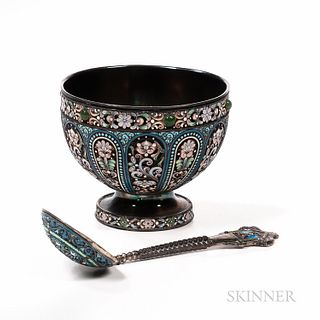 Enameled Russian Silver-gilt Bowl with a Spoon