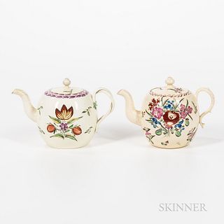 Two Enamel-decorated Creamware Teapots and Covers