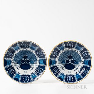 Pair of Dutch Delft Peacock Chargers