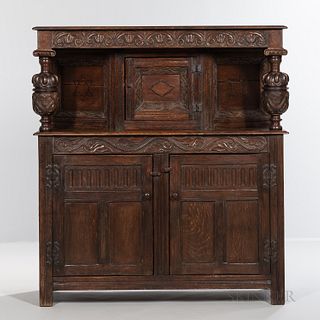 English Carved and Inlaid Oak Court Cupboard