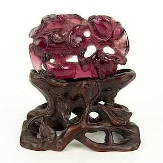 19/20th Century Chinese Carved Amethyst Figure Mounted on Wooden Base.