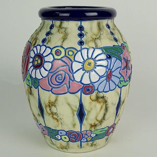Vintage Amphora Vase. Decorated with Flowers on mottled white ground