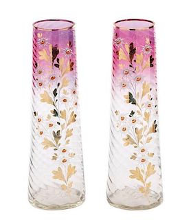 Pair of Bohemian Enameled Cranberry Twist Vases