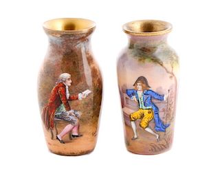 Two French Enamel Cabinet Vases w/ Courtly Men