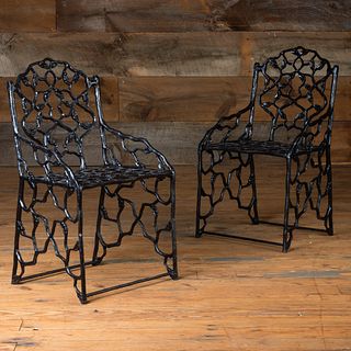 Rare Pair of Black Painted Cast Iron Twig Form Garden Chairs, Attributed to J.W. Fiske