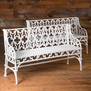 Pair of English Neo-Gothic Painted Cast-Iron Garden Benches, Attributed to Coalbrookdale