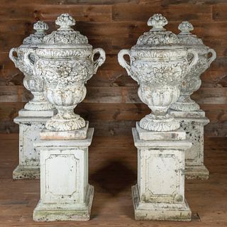 Four White Painted Terracotta Covered Urns on Pedestals