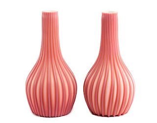 Pair of Pink Satin Cut Velvet Ribbed Glass Vases