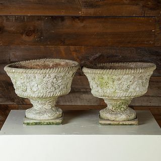 Near Pair of Foliate Decorated Cast Composition Urns