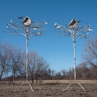 Pair of Painted Metal Trees Surmounted by TÃ´le Birdhouses