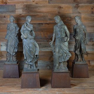 Group of Four Painted Cast Iron Figures Representing the Four Seasons on Metal Plinths