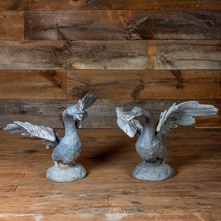 Pair of Grey Painted Lead and Zinc Models of Swans Taking Flight Fountains