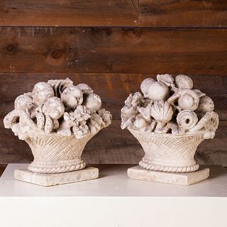 Two Cast Stone Fruit Filled Baskets, Stamped Made in Italy