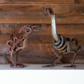 Two Metal Chicken Form Sculptures