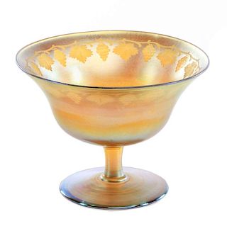 L.C. Tiffany Gold Favrile Art Glass Tazza, Etched