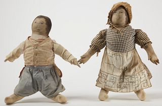 Pair Early Doll with Painted Faces