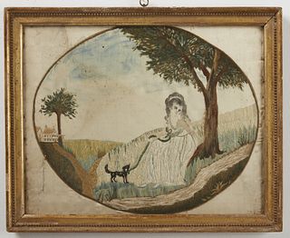 Needlework Picture of a Maiden with Dog