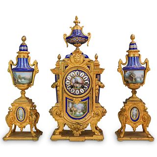19th Cent. Sevres Dore Bronze Mantle Clock Set