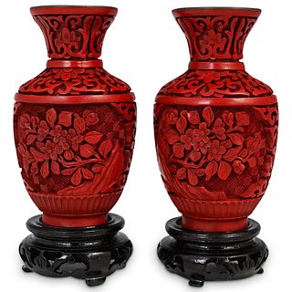 Pair Of Carved Cinnabar Lacquer Vases